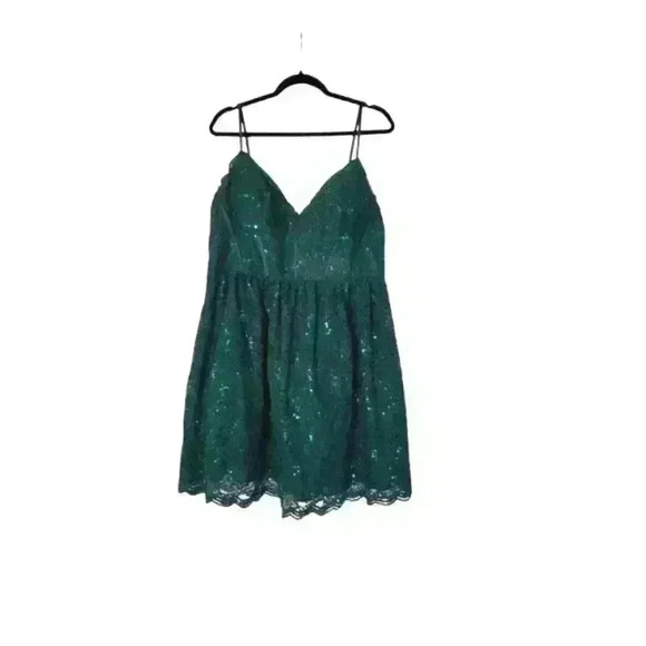 Jules And Cleo Green Lace Mini A Line Dress Spaghetti Strap Scalloped Neckline - Picture 3 of 14